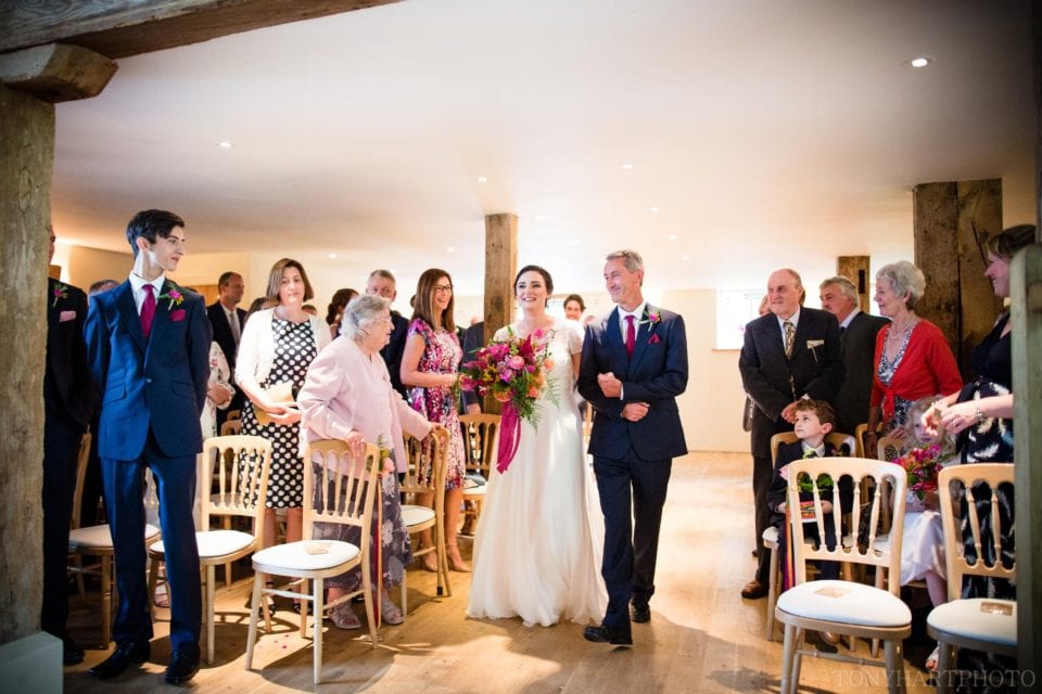 Bury Court Barn Wedding - Bride Laura arriving