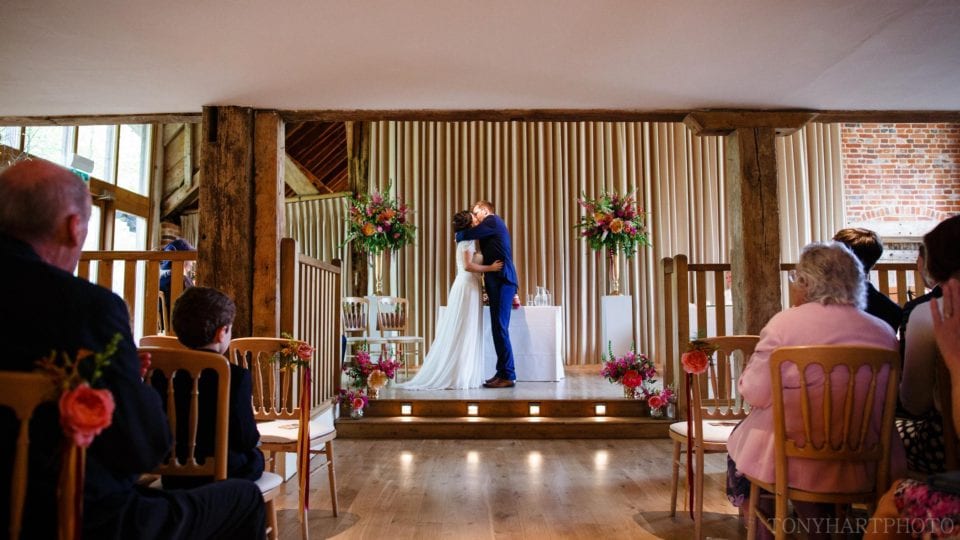 Bury Court Barn wedding - First Kiss