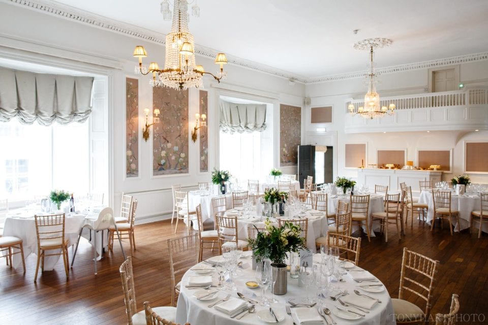 The Ballroom at The George in Rye prepared for the wedding breakfast.