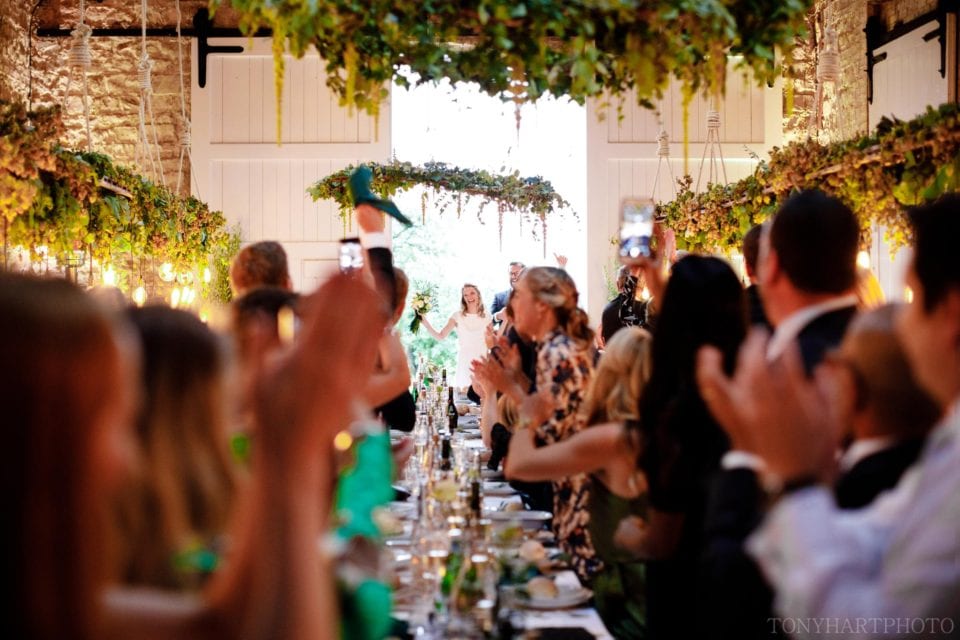 Anna & Al arrive for their wedding breakfast at Longbourn Barn